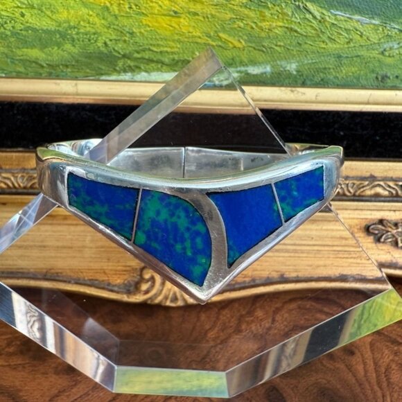 Vintage Mexican Sterling Silver Hinged Clamper Bracelet Azurite & Lapis Inlay 92 - Picture 2 of 12